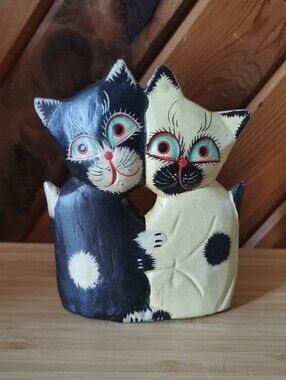 Vintage Hand Carved Hugging Cats Figurine Hand Painted Wooden Folk Art